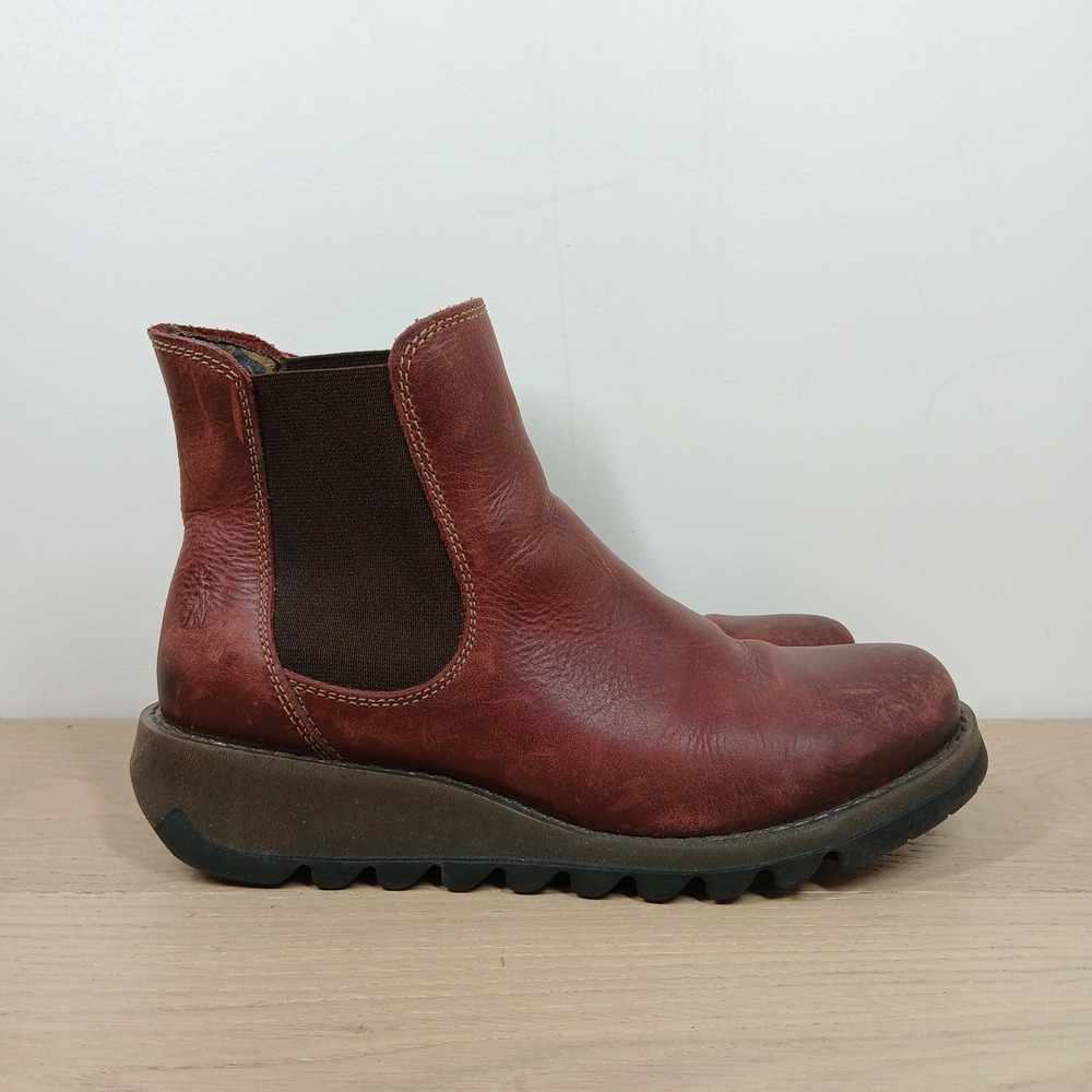 Fly London Ankle Boots Women's 7-7.5 /38 Burgundy Rug Leather Chelsea Wedge - Picture 7 of 12